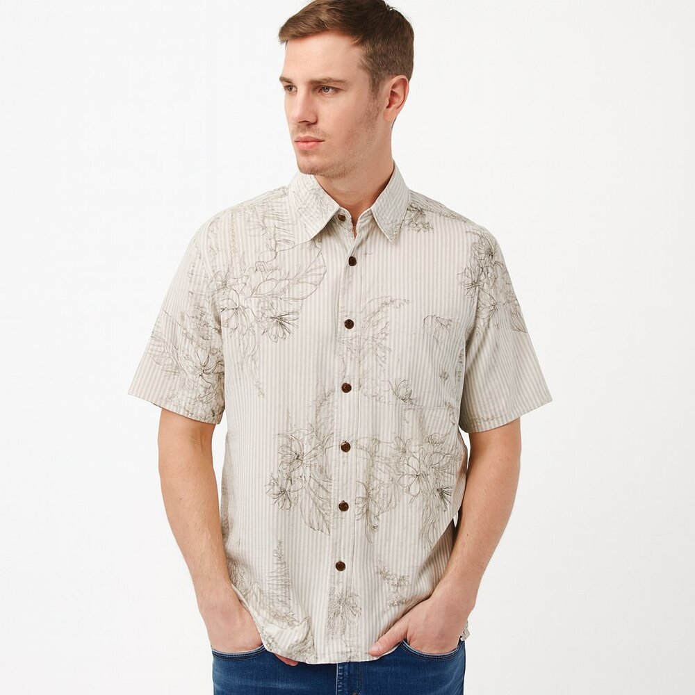 Havana Jack’s Café Men’s Floral Striped Short Sleeve Button-Up Beige White Med